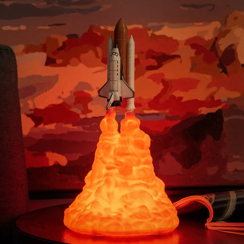 Space shuttle model on a glowing orange base against a fiery sky
