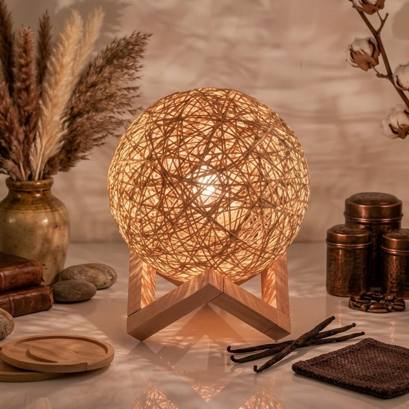 A spherical woven rattan table lamp glowing warmly on a wooden stand, styled in a cozy rustic setting with dried grass, books, metal tins, and cotton stems on a marble surface.